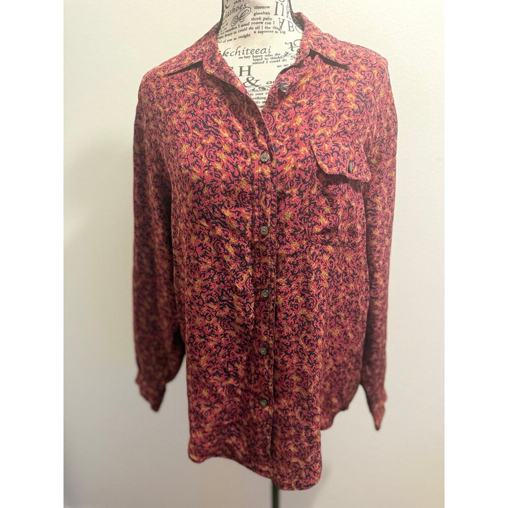 August Silk Red Black Gold Patterned 100% Silk Cottage Core Button-Up Shirt M